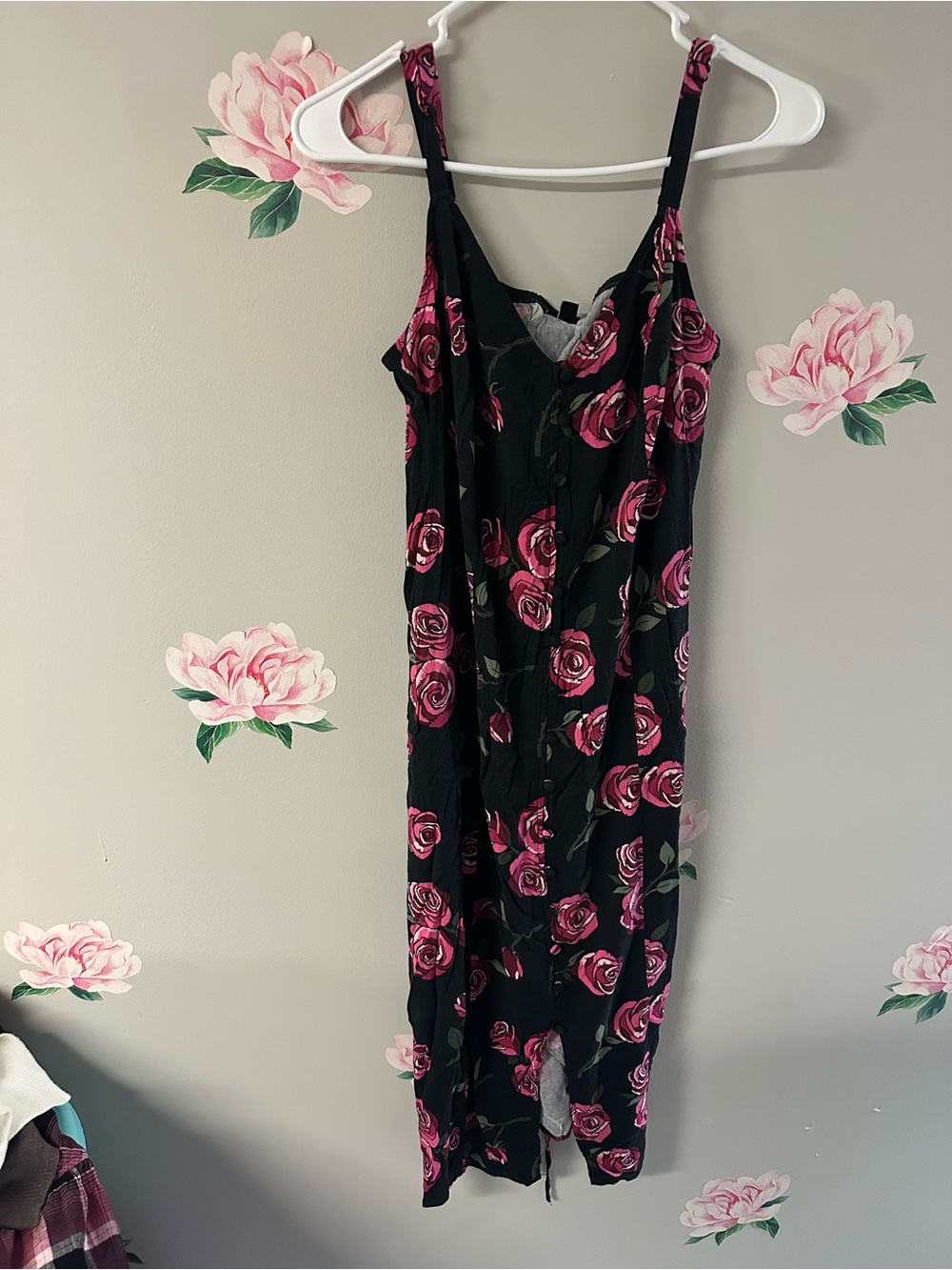 torrid Black Midi Slip Dress with Pink Rose Print